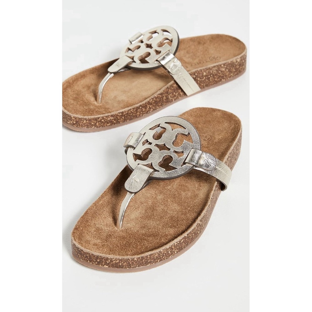 Tory Burch Miller Cloud Sandals Metallic Gold Leather Cork Footbed Sz 9 Coastal